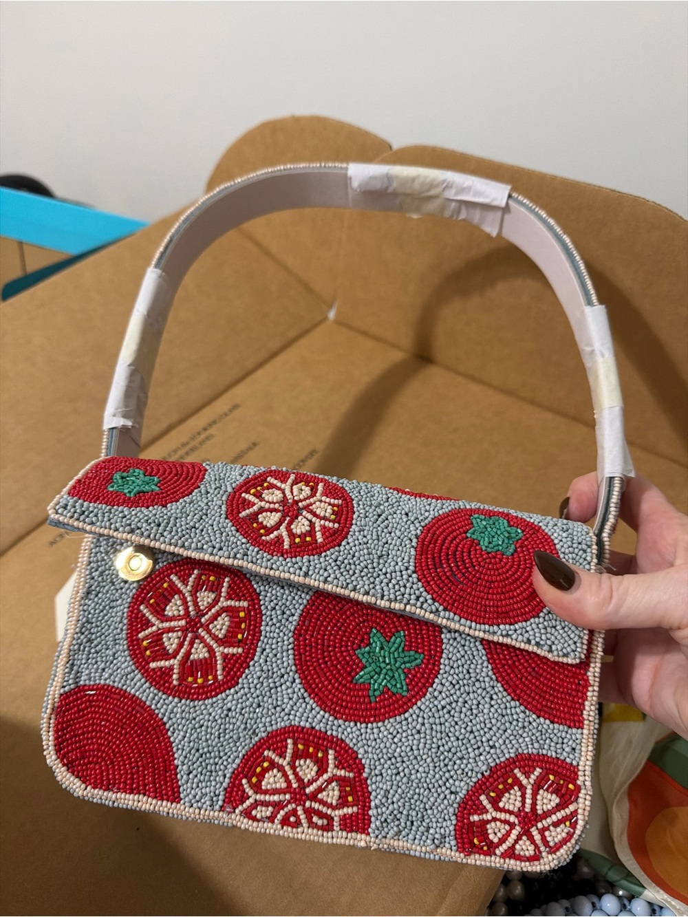 Anthropologie Red and Gray Beaded Shoulder Bag